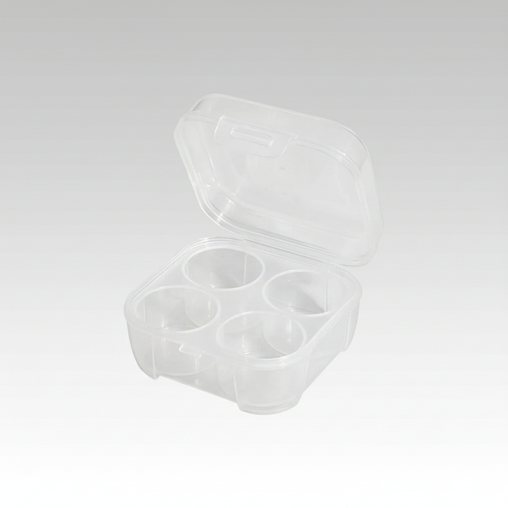 Portable egg storage box for camping, 6-egg capacity, durable plastic, outdoor cooking gear.