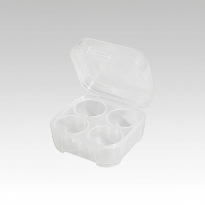 Portable egg storage box for camping, 6-egg capacity, durable plastic, outdoor cooking gear.