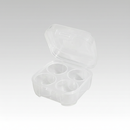 Portable egg storage box for camping, 6-egg capacity, durable plastic, outdoor cooking gear.