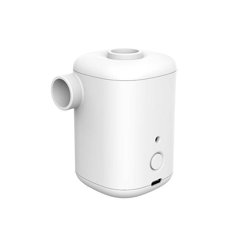 Rechargeable portable electric mini air pump shown next to an inflatable, perfect for outdoor gear use.