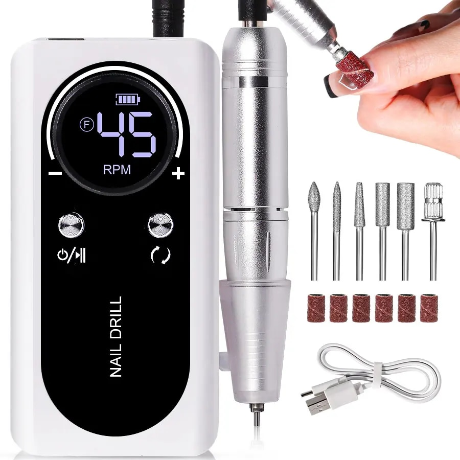 Portable electric nail file, 45000 RPM, for professional manicures & pedicures. Rechargeable quiet nail drill.