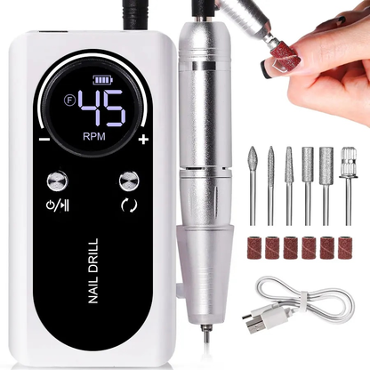 Portable electric nail file, 45000 RPM, for professional manicures & pedicures. Rechargeable quiet nail drill.