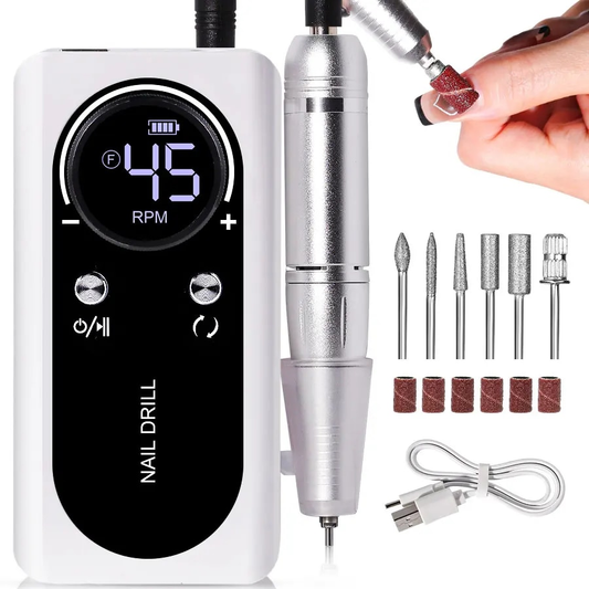 Portable electric nail file, 45000 RPM, for professional manicures & pedicures. Rechargeable quiet nail drill.