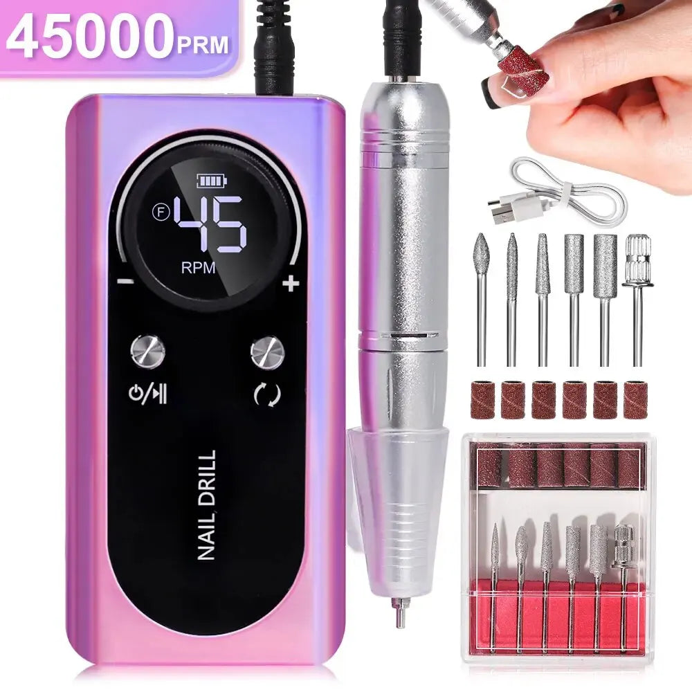 High-performance 45000 RPM portable electric nail file. Durable, quiet, rechargeable nail drill for expert nail care.