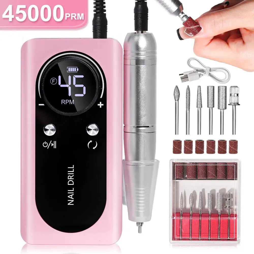 Travel-friendly portable electric nail file kit. 45000 RPM, low noise, rechargeable drill for complete nail beauty.