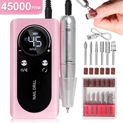 Travel-friendly portable electric nail file kit. 45000 RPM, low noise, rechargeable drill for complete nail beauty.