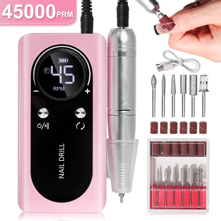 Travel-friendly portable electric nail file kit. 45000 RPM, low noise, rechargeable drill for complete nail beauty.