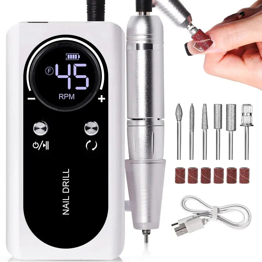 Modern 45000 RPM low-noise electric nail file. A portable, rechargeable beauty tool for home & professional use.
