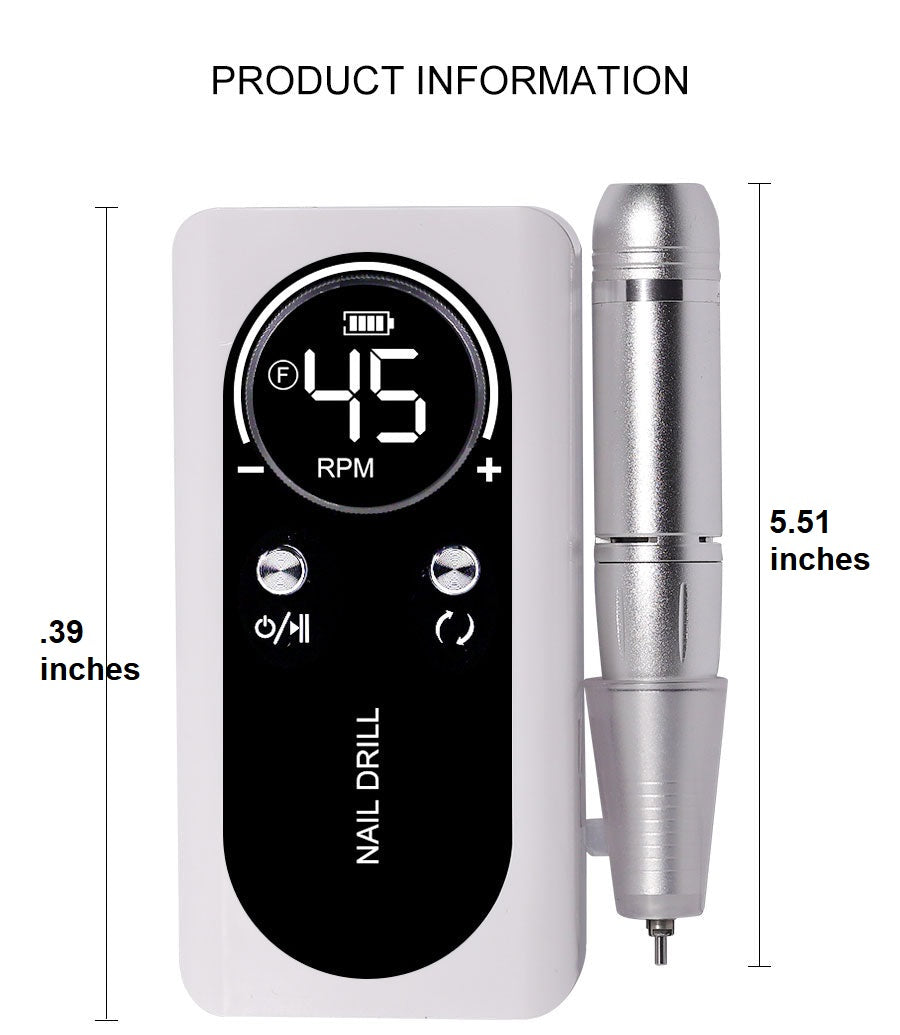 Compact, low-noise portable electric nail file. Rechargeable nail drill for home salon or travel. Professional nail care.