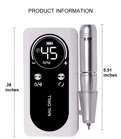 Compact, low-noise portable electric nail file. Rechargeable nail drill for home salon or travel. Professional nail care.