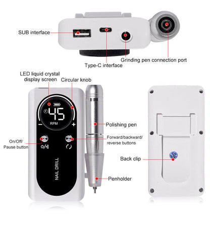 Rechargeable portable nail drill for complete nail care. High-speed, low-noise electric file for manicure & pedicure.