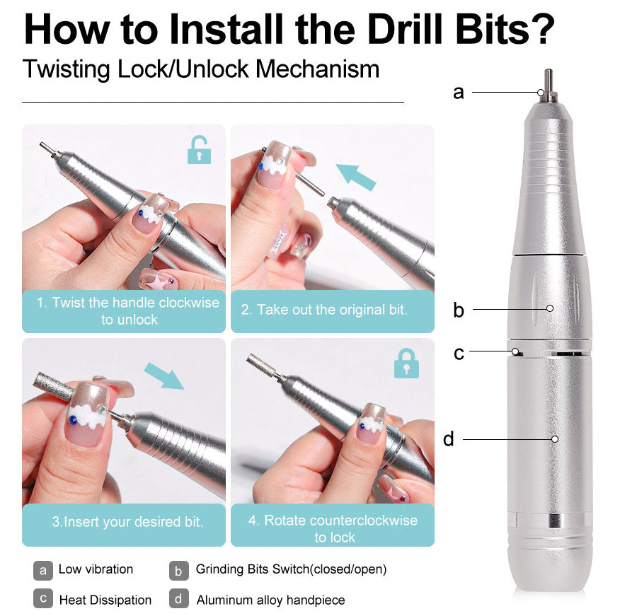 Quiet electric nail file, perfect for home salon professional manicures. Portable & easy to use 45000 RPM nail drill.