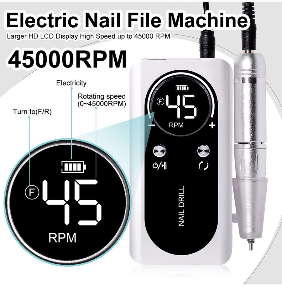 Efficient 45000 RPM electric nail file for gel, acrylic & natural nails. Low-noise portable nail drill for beauty.