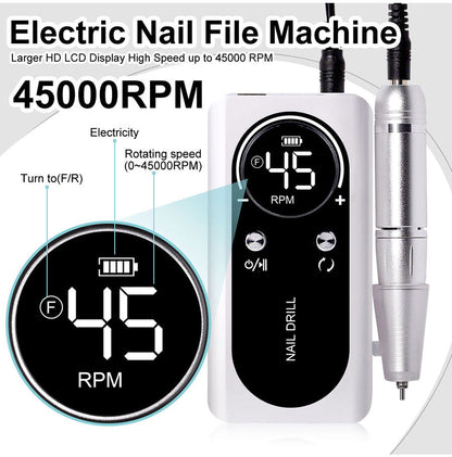 Efficient 45000 RPM electric nail file for gel, acrylic & natural nails. Low-noise portable nail drill for beauty.
