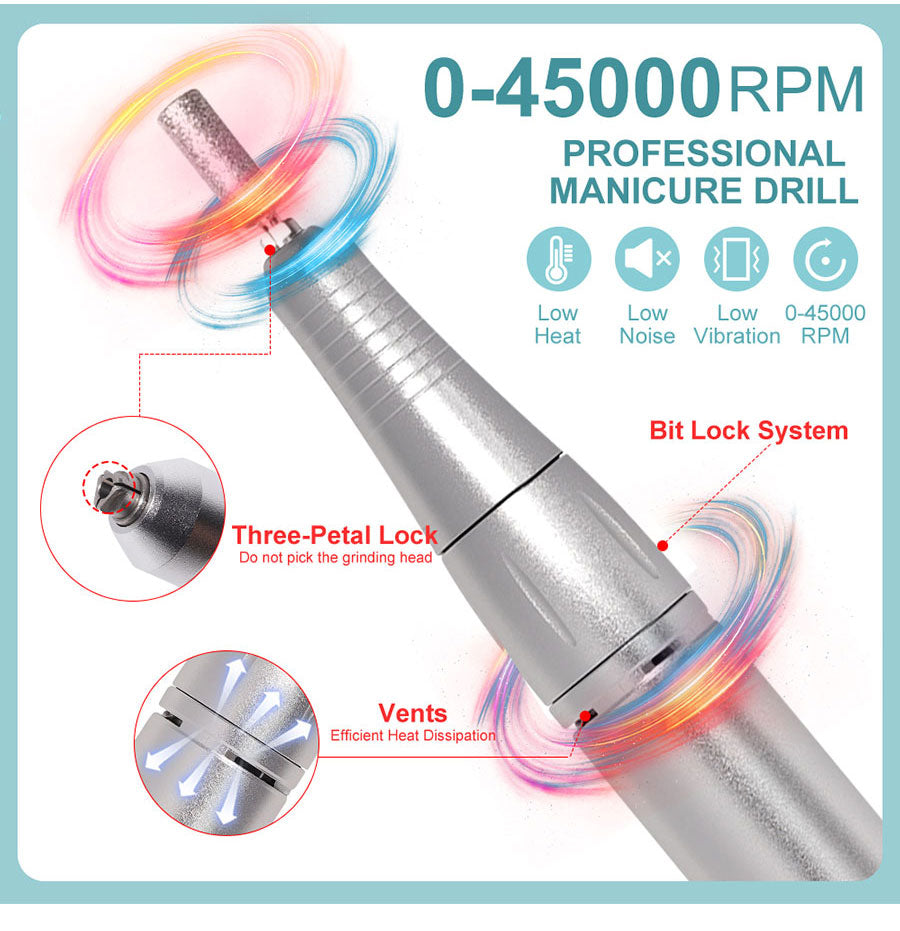 Sleek portable electric nail file, 45000 RPM, low noise. A rechargeable beauty device for professional nail tech.