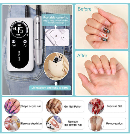 Precision nail polishing with this 45000 RPM electric nail file. Quiet, rechargeable portable drill for detailed nail care.