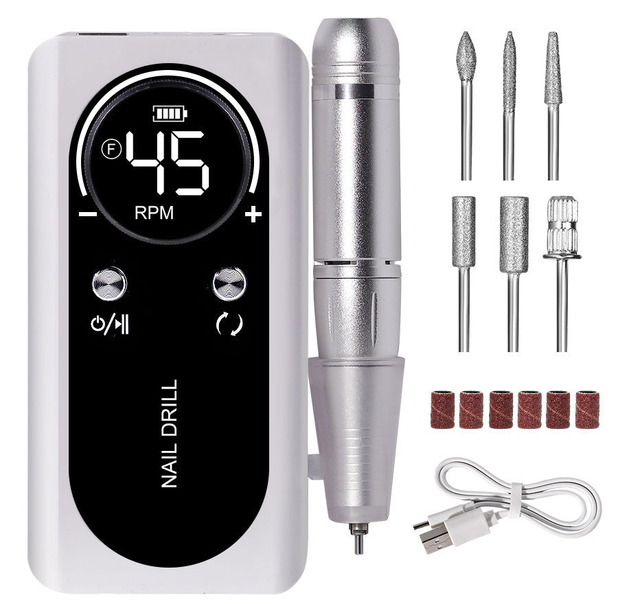 Convenient portable electric nail file for professional manicures & pedicures. Rechargeable, low-noise nail drill.