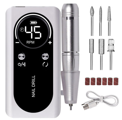 Convenient portable electric nail file for professional manicures & pedicures. Rechargeable, low-noise nail drill.