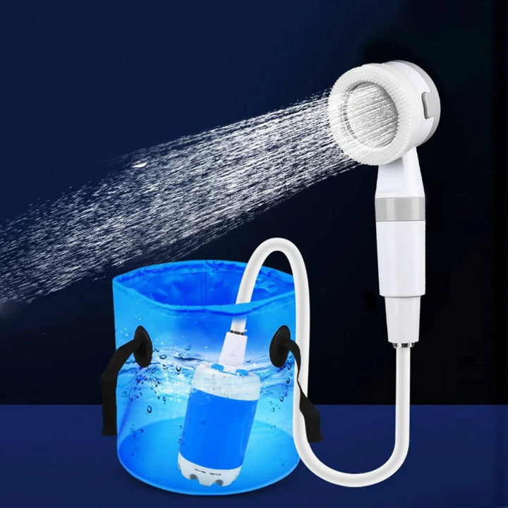 Compact electric outdoor shower for hiking, easy setup, with adjustable spray