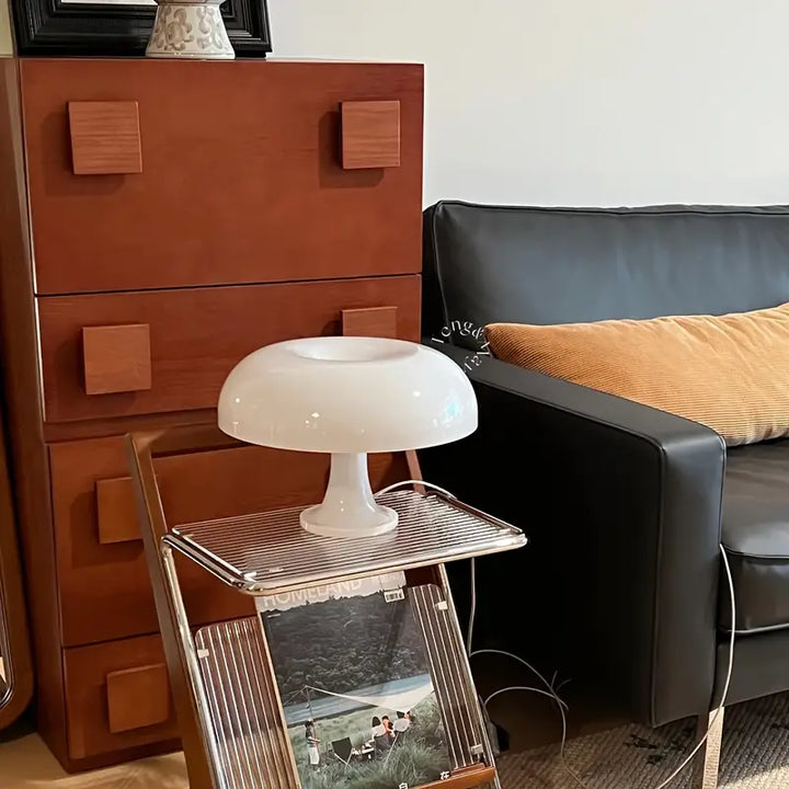 Chic mushroom table lamp, a portable home accent with warm LED light for modern decor.