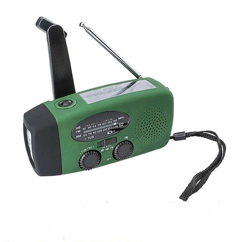 Essential disaster preparedness: Portable emergency radio, solar, hand crank, NOAA, flashlight.