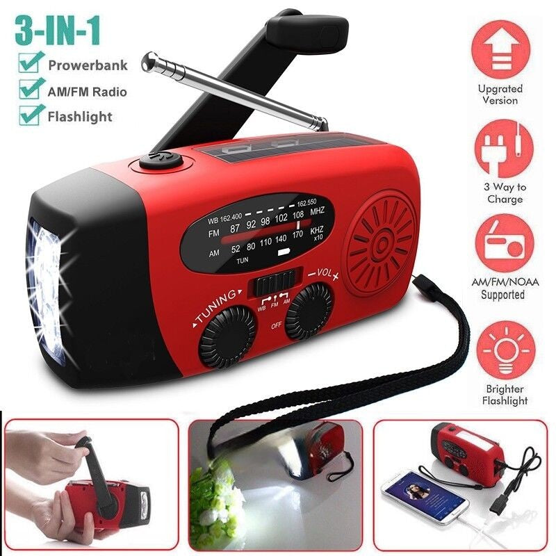 Emergency solar radio with hand crank charger, NOAA weather alerts, built-in power bank for phones.
