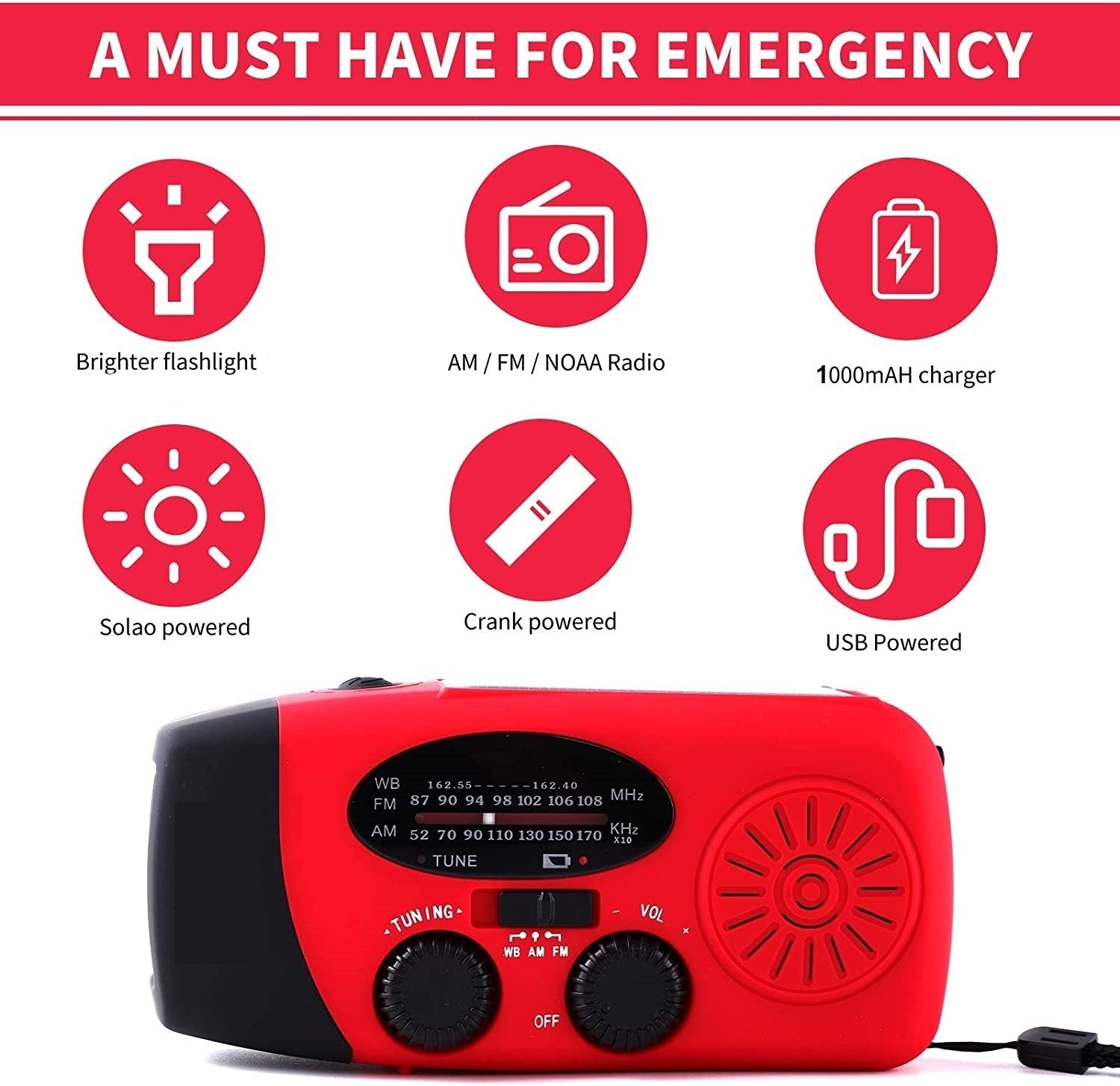Survival gear: Portable solar and hand crank radio, NOAA weather alerts, bright LED flashlight.