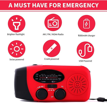 Survival gear: Portable solar and hand crank radio, NOAA weather alerts, bright LED flashlight.