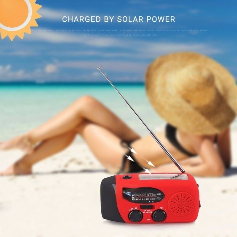 Emergency weather alert radio, solar powered and hand crank, for survival and outdoor use.