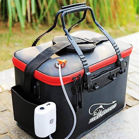Portable EVA fishing tank bucket for live bait and tackle, shown with fishing gear. Ideal for outdoor fishing trips.