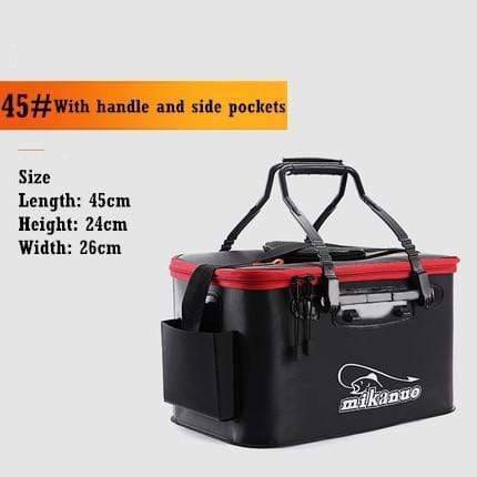 Fishing tackle box and live bait bucket in one, portable design for easy transport during fishing excursions.
