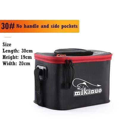 Close-up of portable fishing bucket showing gear storage compartments and sturdy construction for fishing tackle.