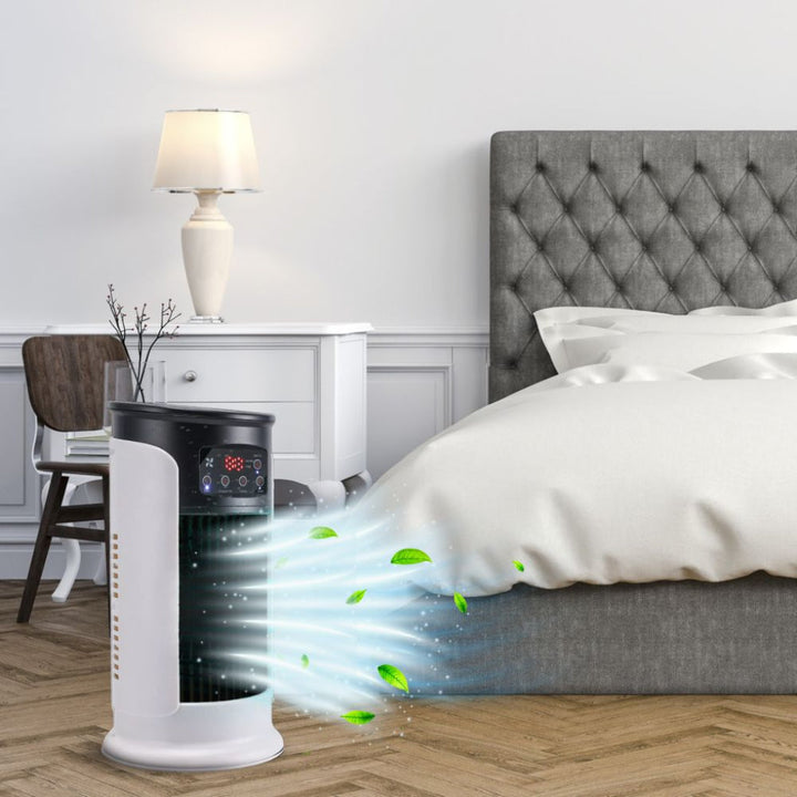 Freestanding mobile evaporative cooler, ideal for personal climate control & small space cooling without a window.