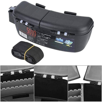 Angler's portable waist bag for carp fishing, featuring a secure tackle box for gear storage.
