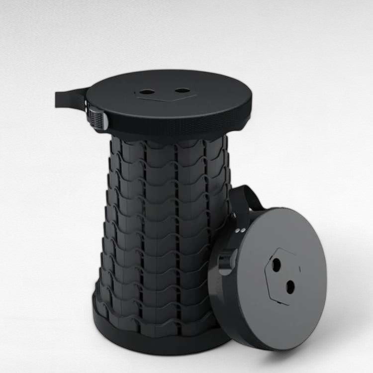Portable foldable retractable stool, black, for camping & outdoor use, compact & adjustable