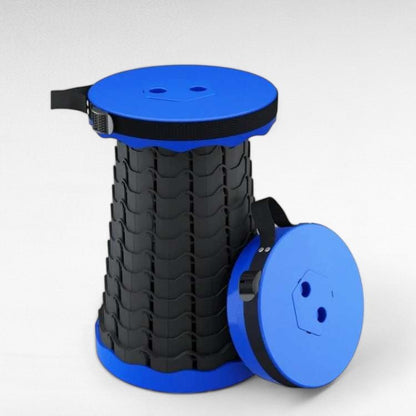 Foldable compact stool for outdoor use, black, with shoulder strap for easy transport