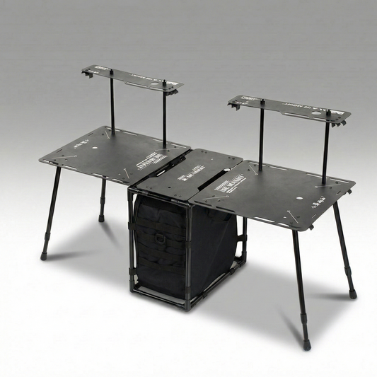 Portable folding camping table with 30L storage bag, ideal for outdoor camping essentials, front view