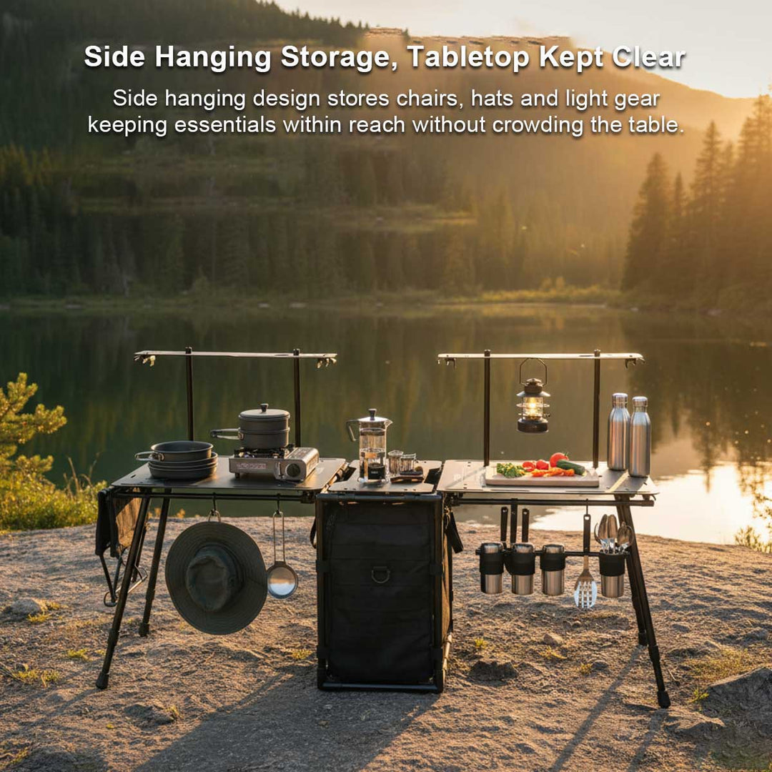 Close-up of the durable aluminum frame of the folding camping table, highlighting its robust design