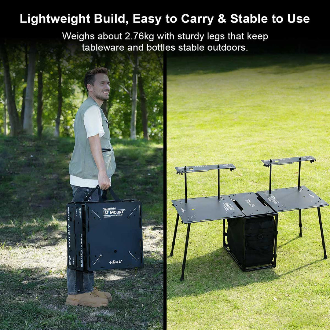 Portable camping table with 30L storage bag in use at a campsite, showing its practical outdoor application