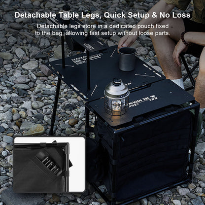 Folding camping table's surface, demonstrating its stability for camping meals and activities, camp essentials
