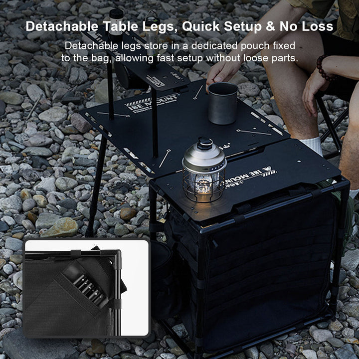 Folding camping table's surface, demonstrating its stability for camping meals and activities, camp essentials