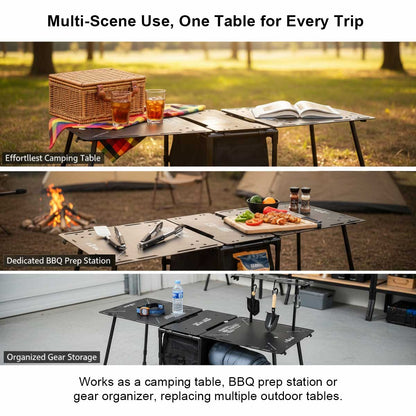Detail of the storage bag attached to the camping table, designed for organizing camp essentials, tactical table