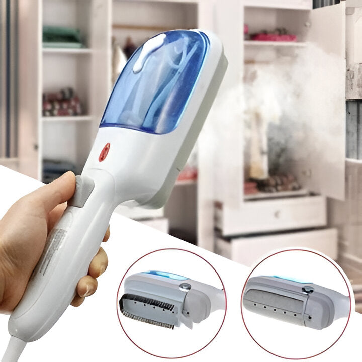 Portable garment steamer for quick wrinkle removal on clothes. Compact handheld design perfect for home & travel.