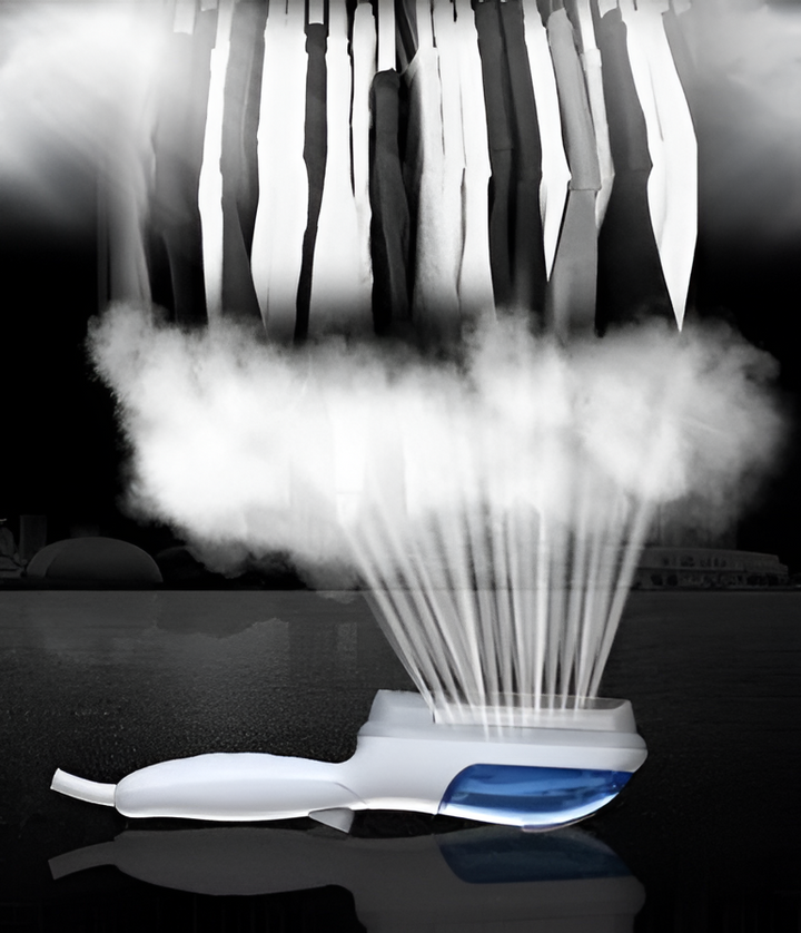 Efficient handheld steamer quickly removes wrinkles from shirts, dresses & curtains. Ideal for quick touch-ups.