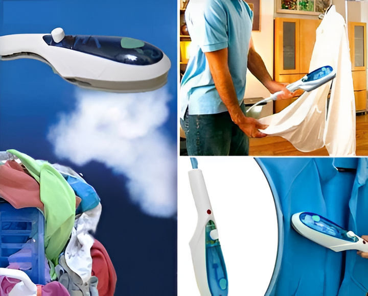 Compact travel garment steamer for wrinkle-free clothes on the go. Essential fabric care appliance for any trip.
