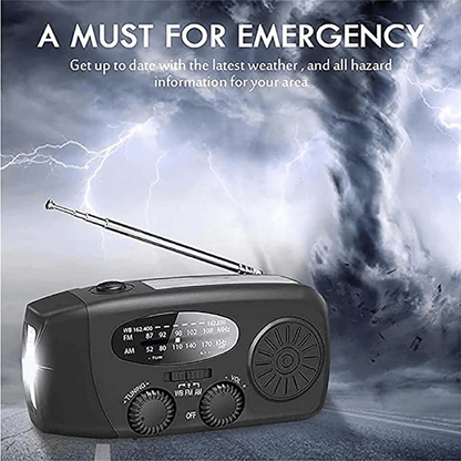 Wind-up solar powered emergency radio for outdoor adventures and survival kits