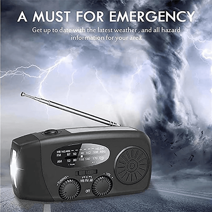 Wind-up solar powered emergency radio for outdoor adventures and survival kits