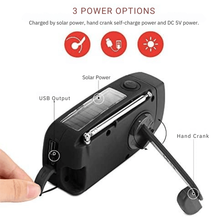 Compact multi-function emergency radio with hand crank for power in emergencies