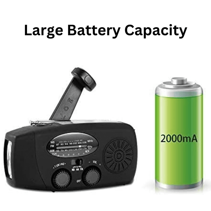 Survival radio with built-in flashlight and phone charger, ideal for camping