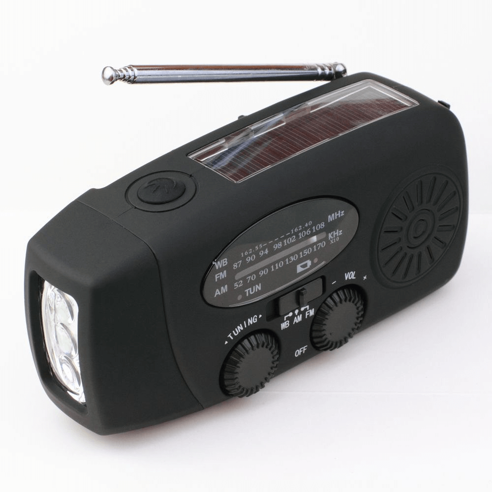 Emergency preparedness radio, wind-up and solar, featuring an integrated power bank